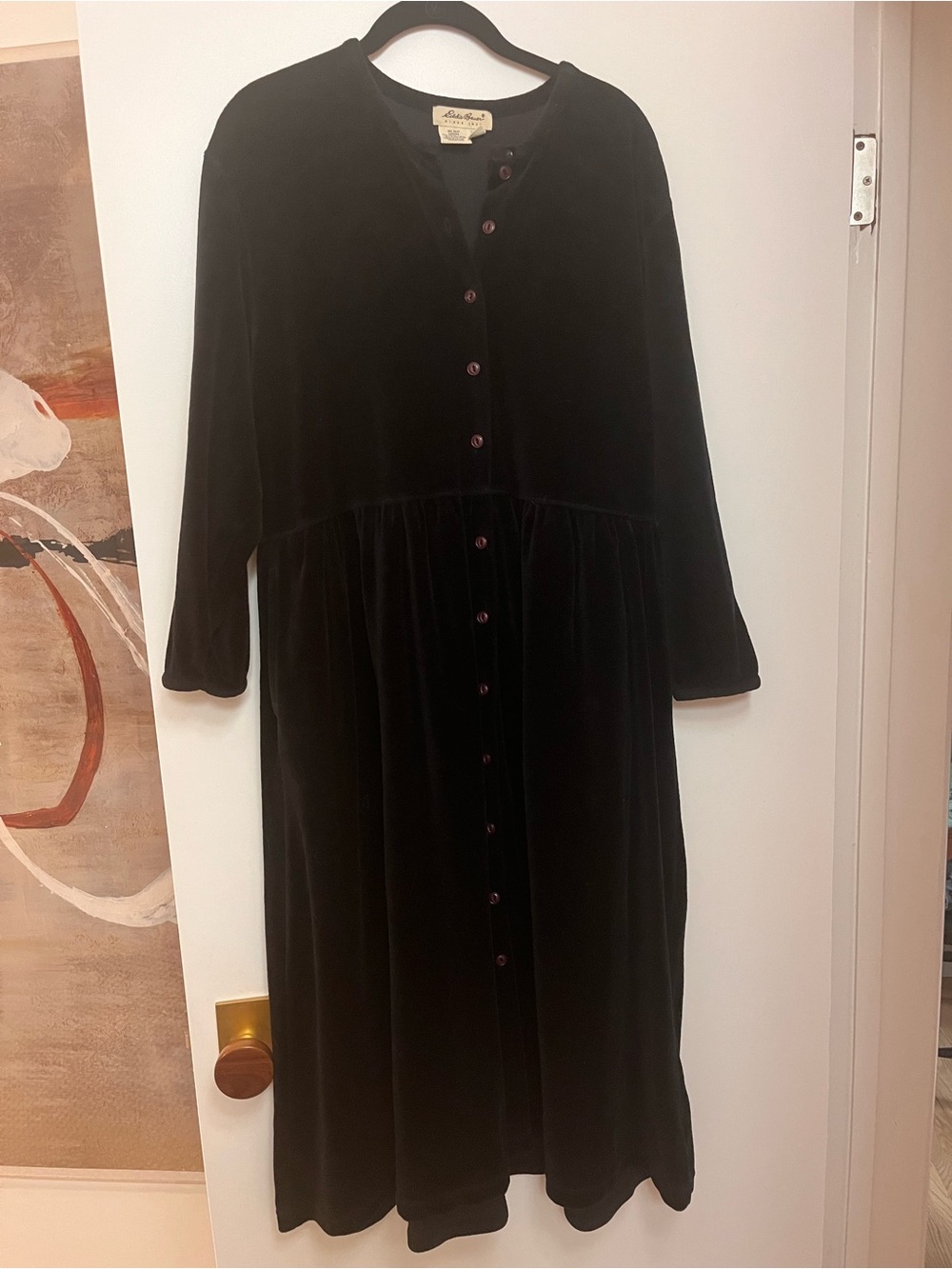 Eddie Bauer Black Velvet Button-Front Long Sleeve Dress